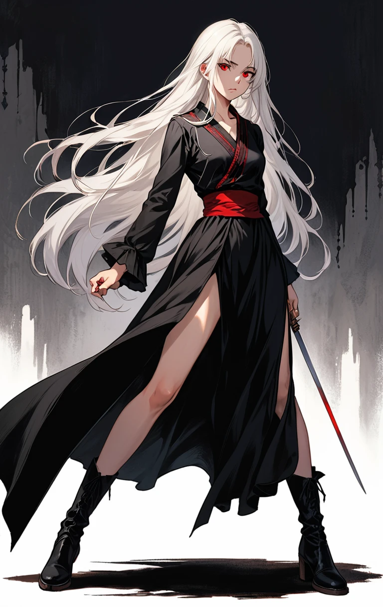 Girl, 20 years old, with long white hair down to below her waist, a serious yet tender expression, and red eyes. Her hair features black streaks. She wears antique-style clothing, a long black dress with a slit on the legs, and high black boots that almost reach her knees. Her power and background are related to shadows and darkness. dark escense, figth stance