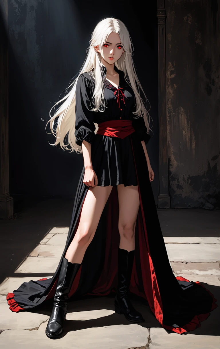 Girl, 20 years old, with long white hair down to below her waist, a serious yet tender expression, and red eyes. Her hair features black streaks. She wears antique-style clothing, a long black dress with a slit on the legs, and high black boots that almost reach her knees. Her power and background are related to shadows and darkness. dark escense, figth stance
