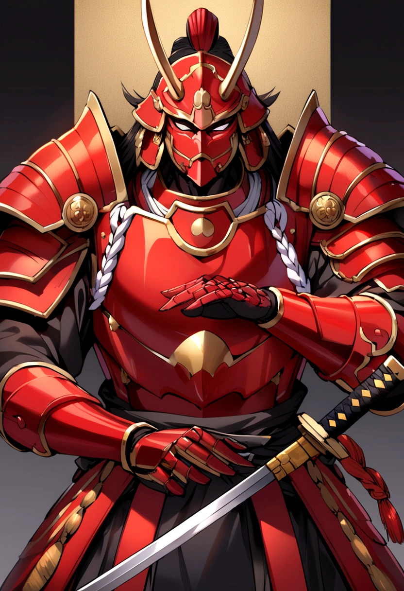 A samurai in red armor with black accents between the plates and with a red katana in his hand