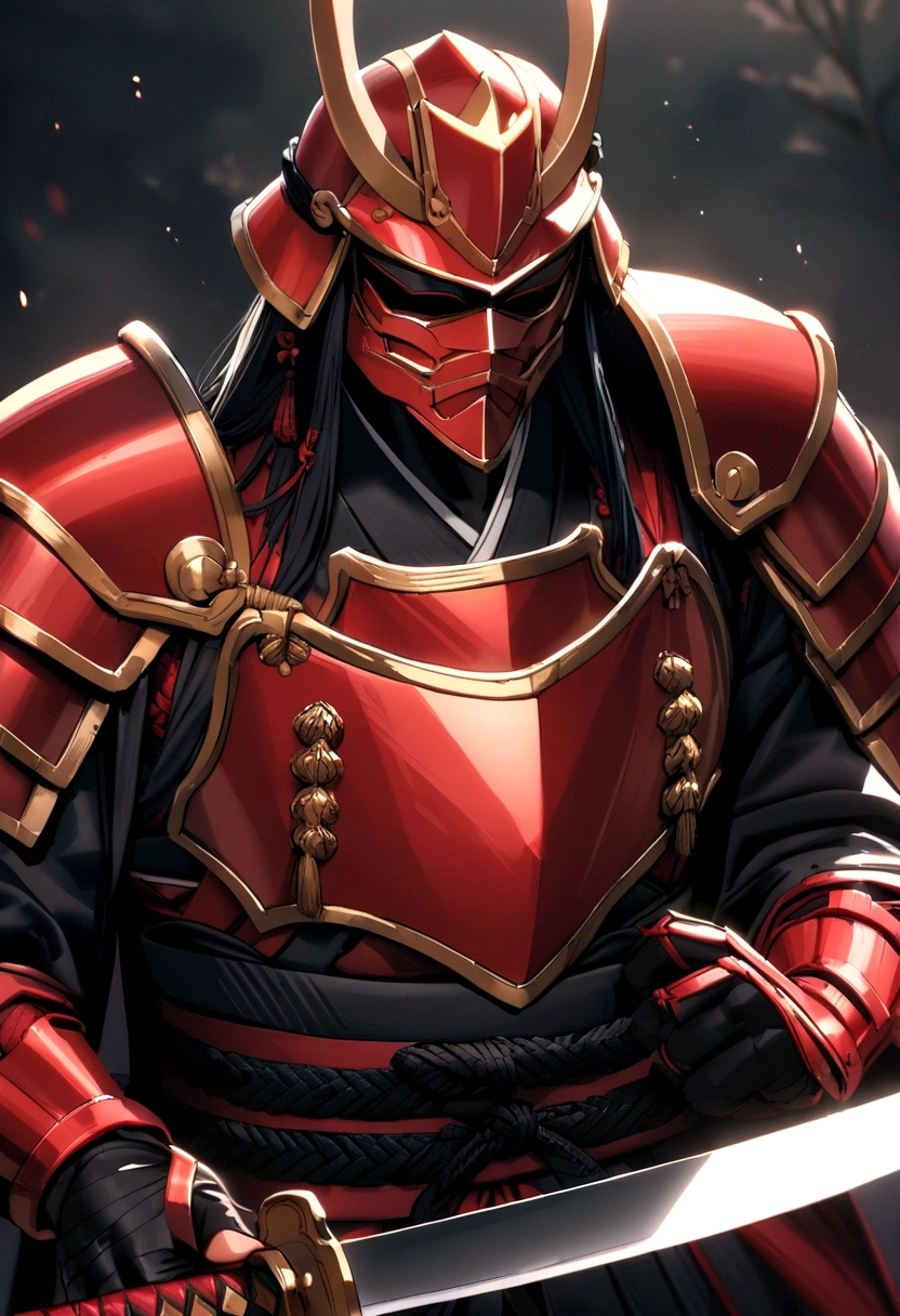 A samurai in red armor with black accents between the plates and with a red katana in his hand