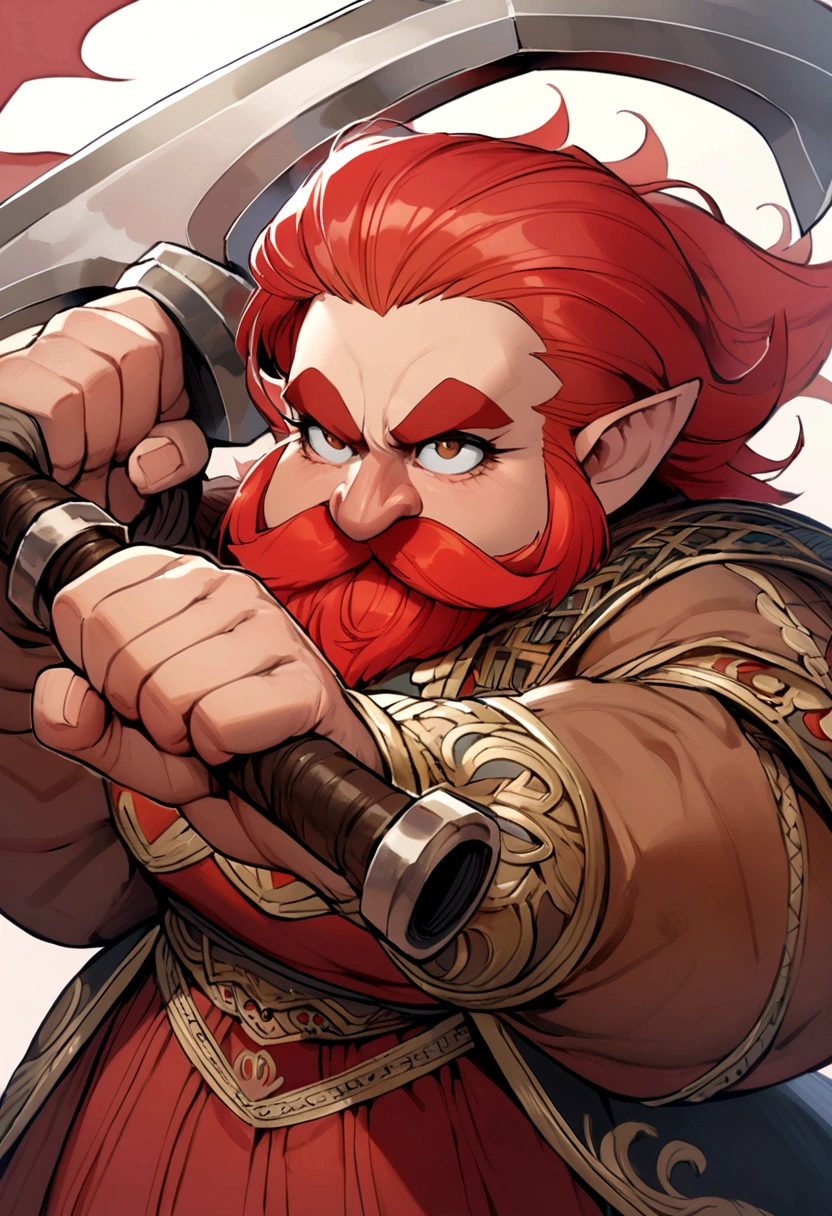 red haired female dwarf with a moustache, holding a big two handed axe