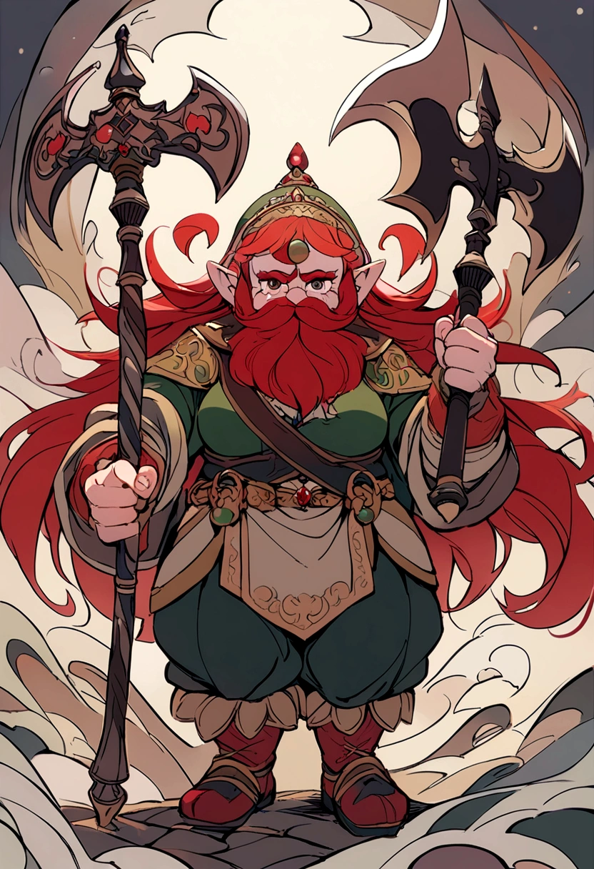 red haired female dwarf with a moustache, holding a big two handed axe