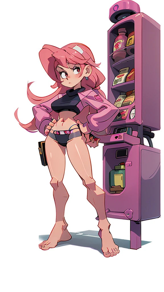 Masterpiece, best quality, Masterpiece, best quality, 1 woman , pink hair , purple eyes , sly face , black bikini , big breasts , abdomen , Long legs , Put your hands on your hips..... , Barefoot , full body , convenience store ,