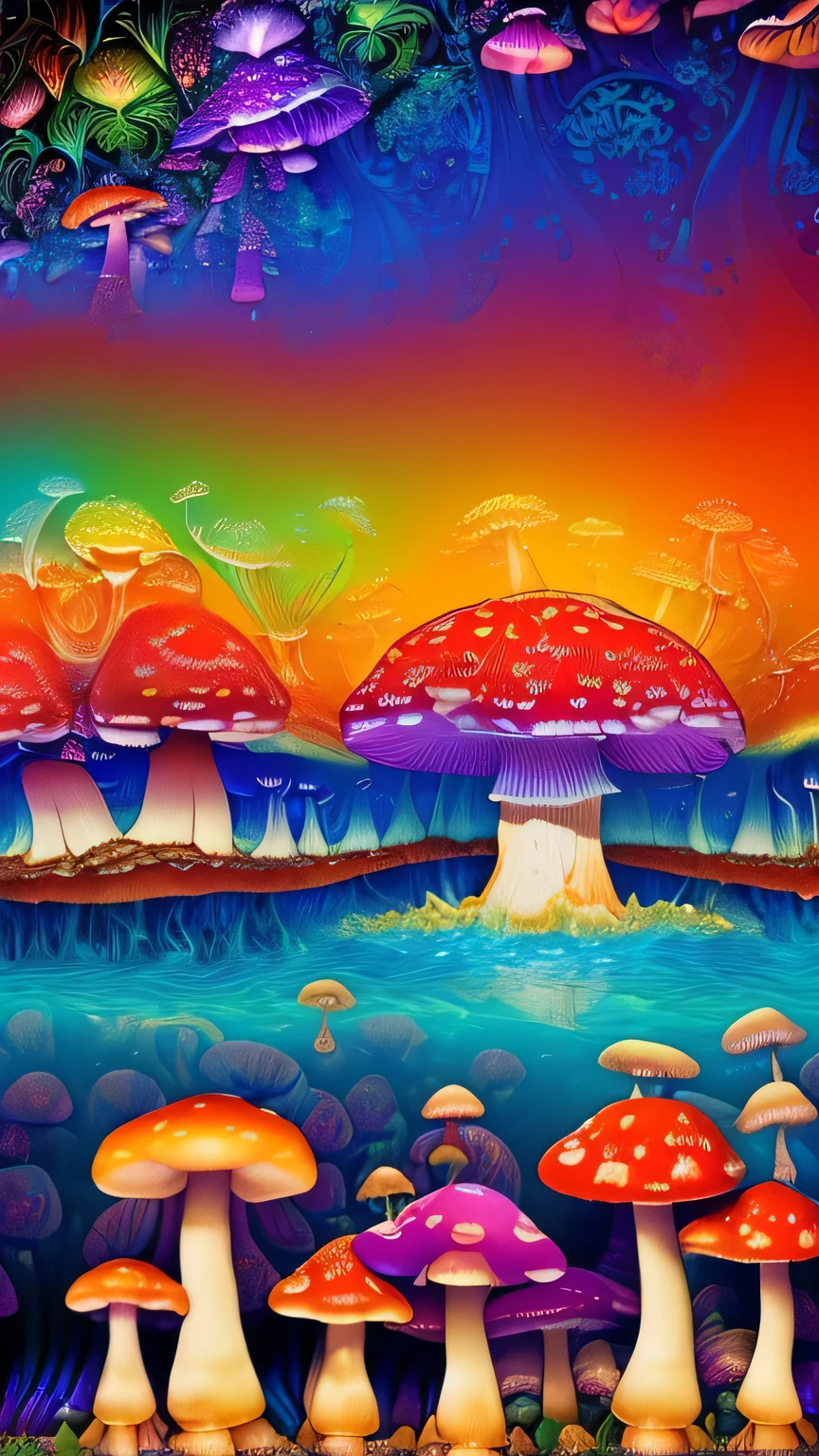 ((surrealism style)), (colorful magical mushrooms energy flowing through the air, repeating fractal patterns, trippy:1.5), (rickety wooden building:1.1), (by a vast water fall in the dense jungle:1.3),, ((best quality)), ((masterpiece)), ((ultra realistic)), beautiful intricately detailed soft oil painting,