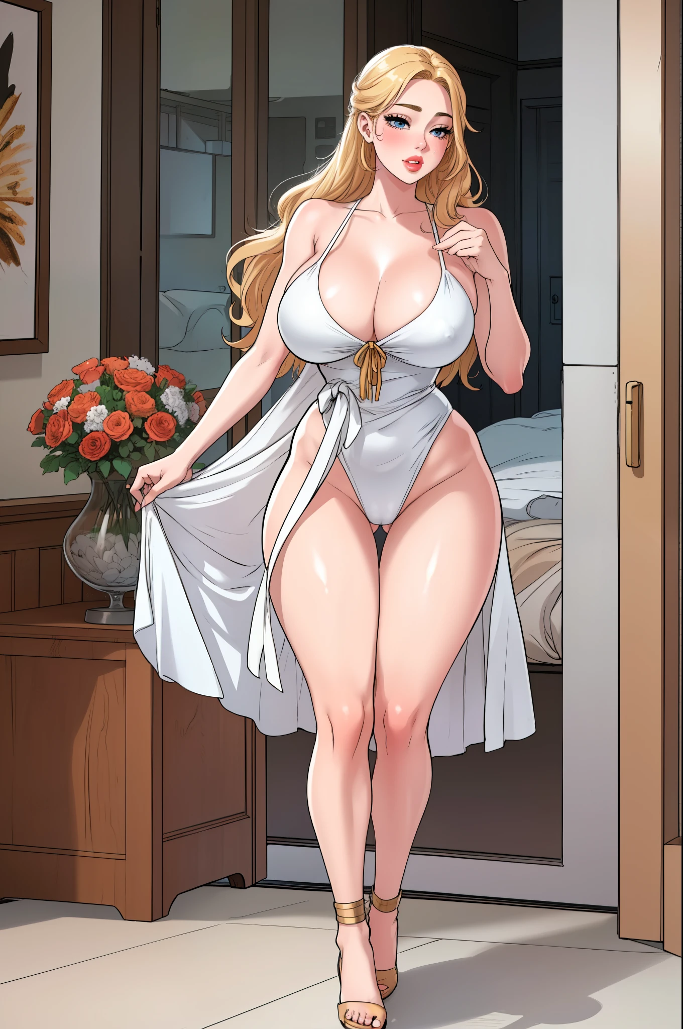 An extremely beautiful stunning busty woman, with gold blonde long silky hair, big blue eyes, extremely super bright snow white fair stunning flawless glowing lush shiny flawless white skin, a perfect tight hourglass figure, and a skinny waist, sexy thick smooth luscious legs and thighs, extremely cute smile on the face, bright pink blushes on cheeks, wearing a short sexy tight revealing white sexy bikini with threads, yellow heels, gold necklace on the neck, gold anklets on feet, gold chain on the waist, standing straight, holding a red roses bouquet, beach in the background, show full body from head to feet.