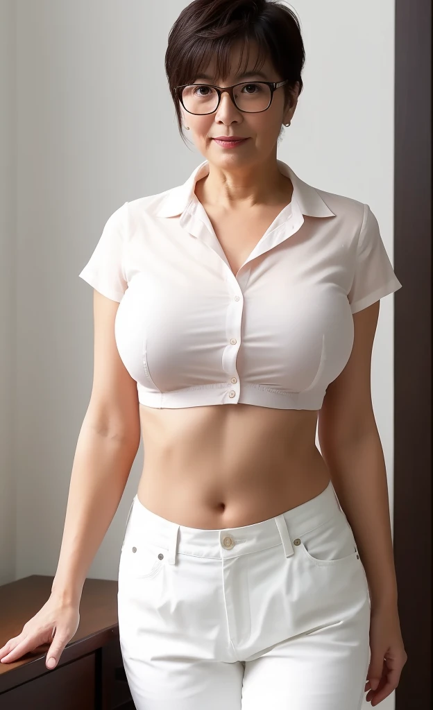 50 year old woman with naked unbuttoned blouse