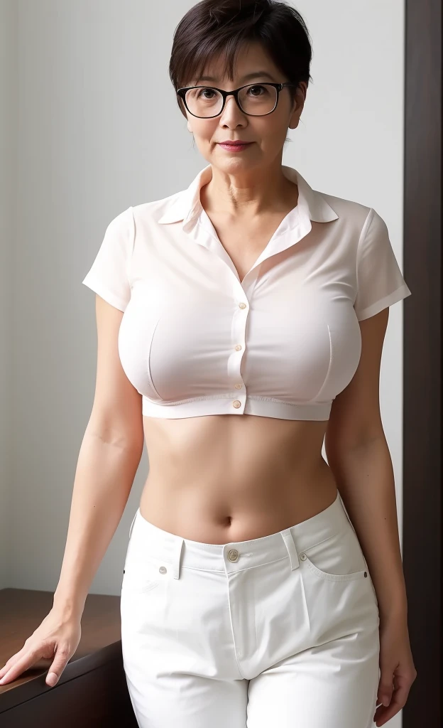 50 year old woman with naked unbuttoned blouse