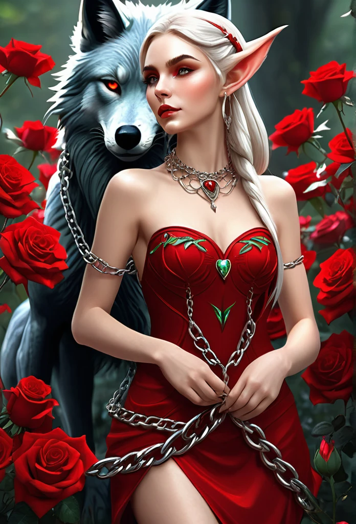 BEAUTIFUL ELF,fully body, (evil expression),(elf ear)short, bodycon dress,pulling a huge wolf by the chain(furry wolf bigger than the elf}red roses around you(fantasy illustration),(high qualiy)(refined details)