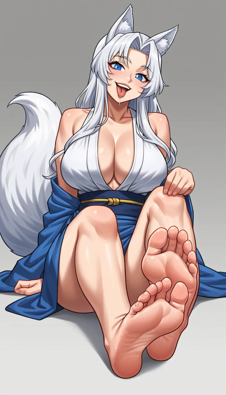 high detail, super detail, super high resolution. Extremely sexy and beautiful girl, with a beautiful face, delicate face, Beautiful lips, atl blanca, blue eyes, curvy body, hermosos ats y muslos, long white hair, white fox ears and fox tail, low-cut japanese dress, Open mouth, sticking out tongue, flirtatious smile, a lot of saliva coming out of his tongue. sitting, mostrando atrnas, mostrando los ats, showing soles. young appearance, wide. barefoot, ats en cámara, big breasts, correct at anatomy, anatomía de los ats, sexy at, ats apuntando al espectador, at, soles, Detailed feet, correct at anatomy, seated.