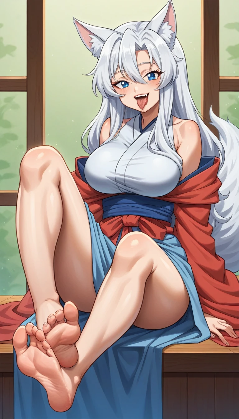 high detail, super detail, super high resolution. Extremely sexy and beautiful girl, with a beautiful face, delicate face, Beautiful lips, atl blanca, blue eyes, curvy body, hermosos ats y muslos, long white hair, white fox ears and fox tail, low-cut japanese dress, Open mouth, sticking out tongue, flirtatious smile, a lot of saliva coming out of his tongue. sitting, mostrando atrnas, mostrando los ats, showing soles. young appearance, wide. barefoot, ats en cámara, big breasts, correct at anatomy, anatomía de los ats, sexy at, ats apuntando al espectador, at, soles, Detailed feet, correct at anatomy, seated.