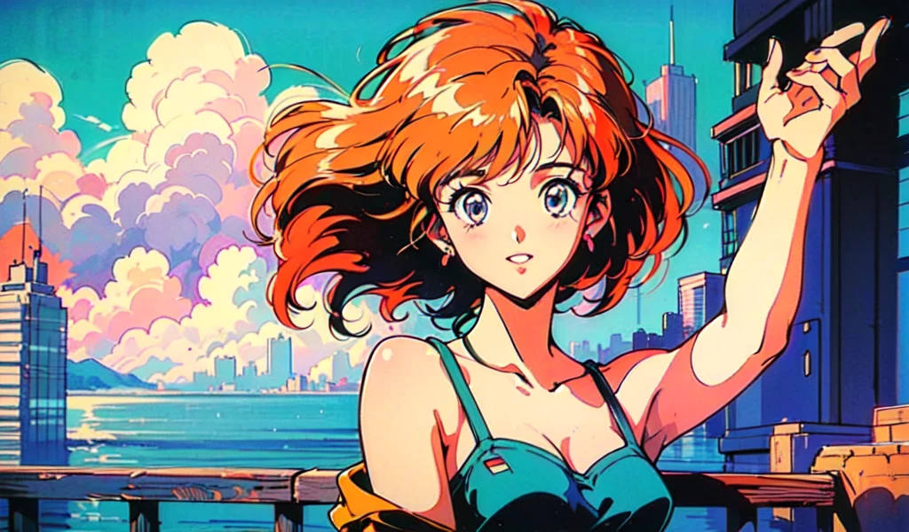 (80s, retro, city pop: 1.5), (album jacket), (famous song, highest quality), (anime, illustration), (pastel color: 1.4),
Best photo pose, dynamic angle, orange hair color, cool impression, shiny hair,
girl, solo, smile, perfect detail eyes, delicate face, hair tied, sea, swimsuit,
