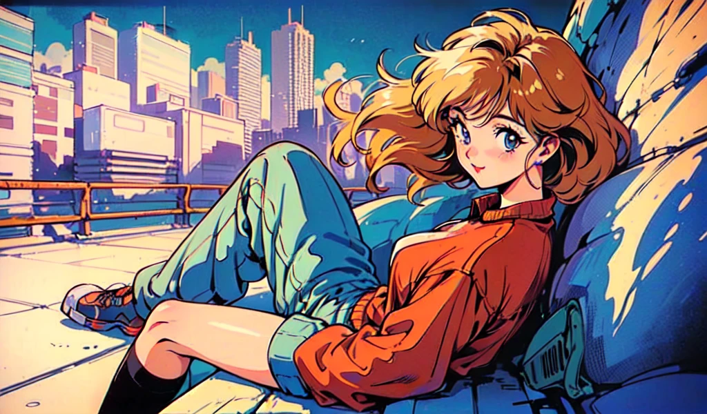 (80s, retro, city pop: 1.5), (album jacket), (famous song, highest quality), (anime, illustration), (pastel color: 1.4),
Best photo pose, dynamic angle, orange hair color, cool impression, shiny hair,
girl, solo, smile, perfect detail eyes, delicate face, hair tied, sea, swimsuit,