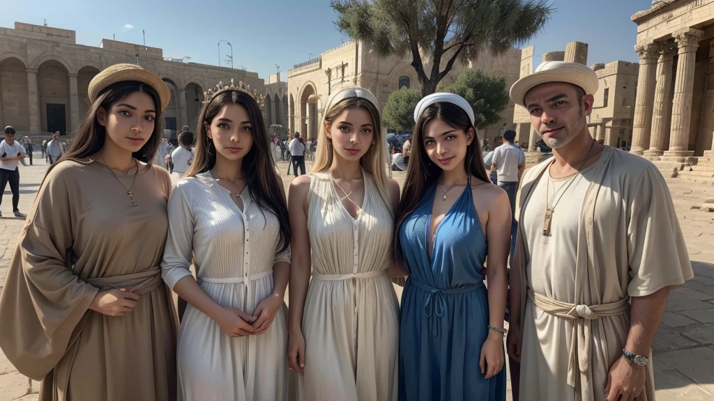 Create an ultra-realistic image of many people and angels in Israel, wearing tunic-style clothing, no hats, and depict the features of men and women from that time in ancient Babylon.
