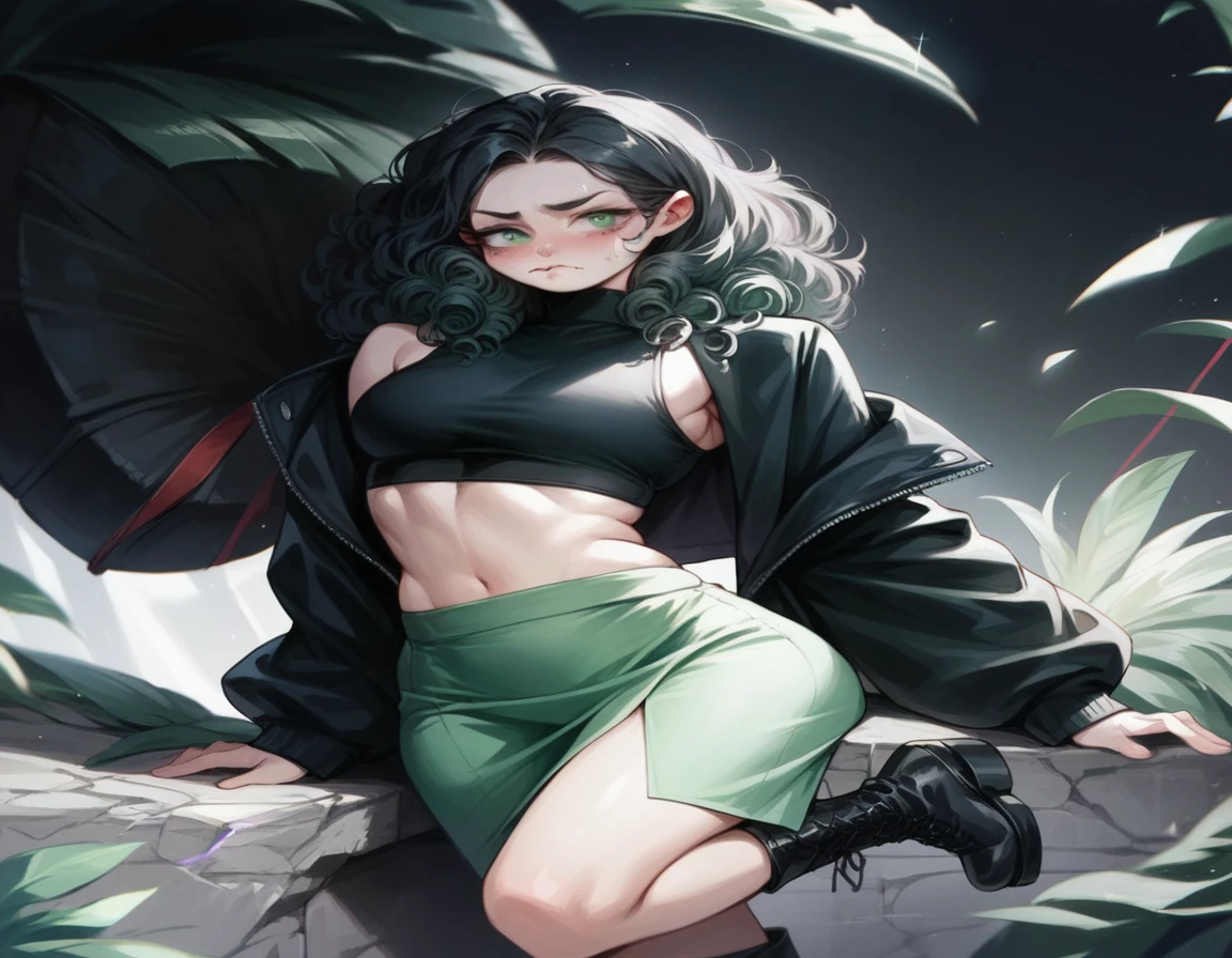 girl, curvy body, waist length hair, black hair, curly hair, anime style, green eyes, pale skin, green skirt, black crop top, long sleeve crop top, black platform boots, flushed cheeks