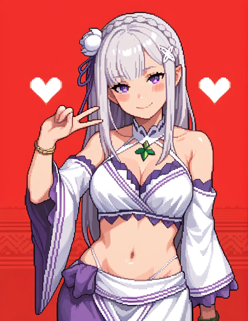 score_9, score_8_up, score_7_up, rating_safe, 1girl, solo, Pixel_Art,
Re:Zero, Emilia, purple eyes, white hair, long hair, sidelocks, big breasts, revealing clothes, harem outfit, collarbone, halterneck, criss-cross halter, necklace, detached sleeves, bracelet, bare shoulders, navel, hip vent, harem pants, cowboy shot, v, hand up, looking at viewer, simple background, red background, heart background, blush, naughty face, smile, half-closed eyes