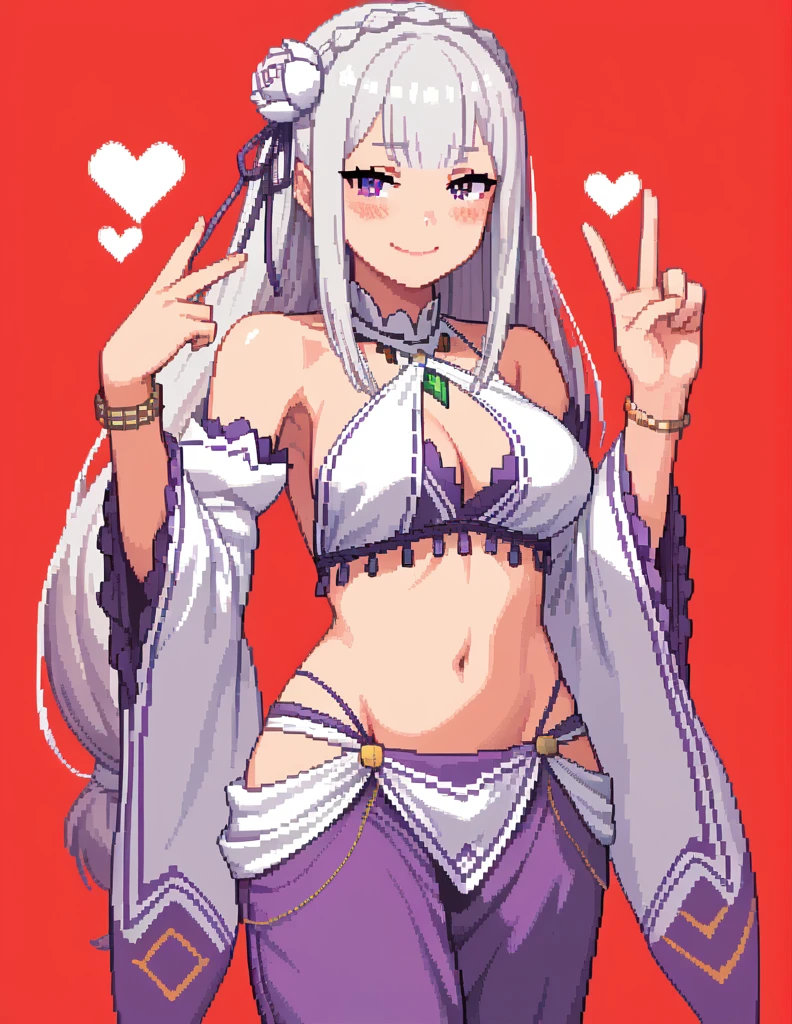 score_9, score_8_up, score_7_up, rating_safe, 1girl, solo, Pixel_Art,
Re:Zero, Emilia, purple eyes, white hair, long hair, sidelocks, big breasts, revealing clothes, harem outfit, collarbone, halterneck, criss-cross halter, necklace, detached sleeves, bracelet, bare shoulders, navel, hip vent, harem pants, cowboy shot, v, hand up, looking at viewer, simple background, red background, heart background, blush, naughty face, smile, half-closed eyes