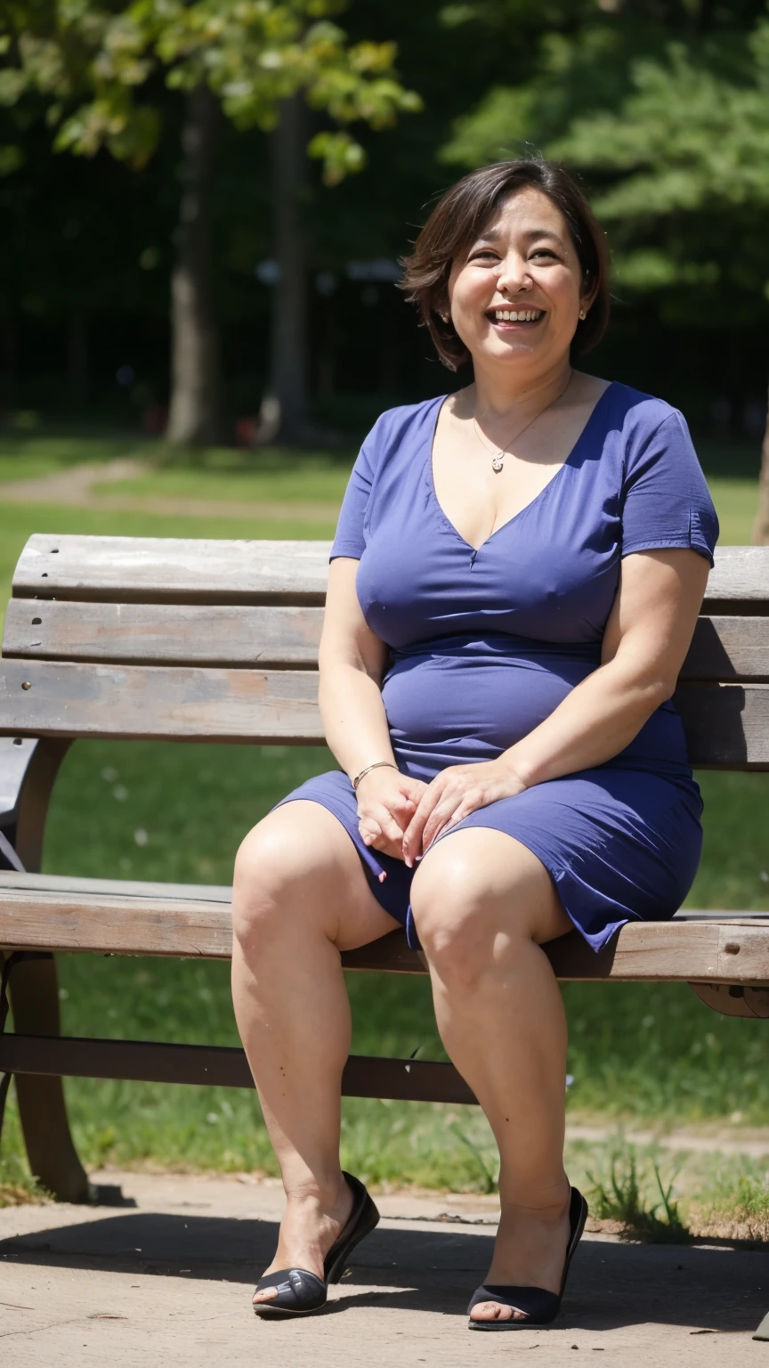8k wallpaper, masterpiece, Highest quality, Super detailed, One Mature Woman, 50 years old, Become very clear, Wearing short sleeves, Skin dents, Captivating smile, Looking at the audience, Cleavage, plump, Curvaceous, Fascinating face, Smiling with teeth showing, Wrinkles around the eyes, Sitting on a park bench, Background Blur