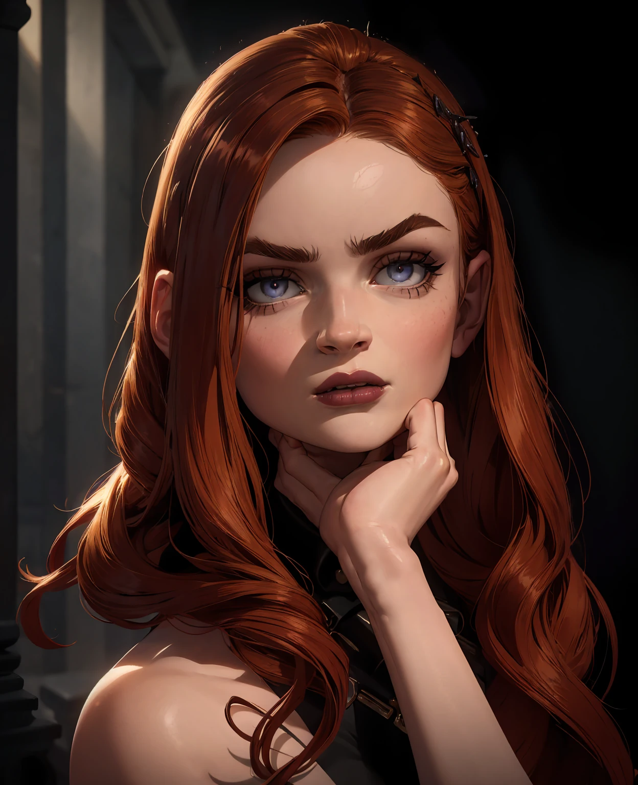 beautiful detailed eyes, beautiful detailed lips, extremely detailed eyes and face, longeyelashes, 1girl, sensual, elegant, graceful, seductive, alluring, mysterious, moody lighting, dramatic shadows, cinematic, chiaroscuro, dark and brooding, deep red and black color palette, dramatic high contrast, sadie sink