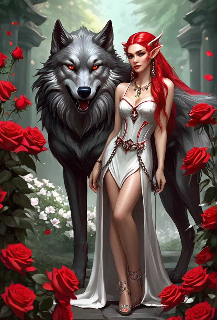 BEAUTIFUL ELF,fully body, (evil expression),(elf ear)short, bodycon dress,pulling a huge wolf by the chain(furry wolf bigger than the elf}red roses around you(fantasy illustration),(high qualiy)(refined details)