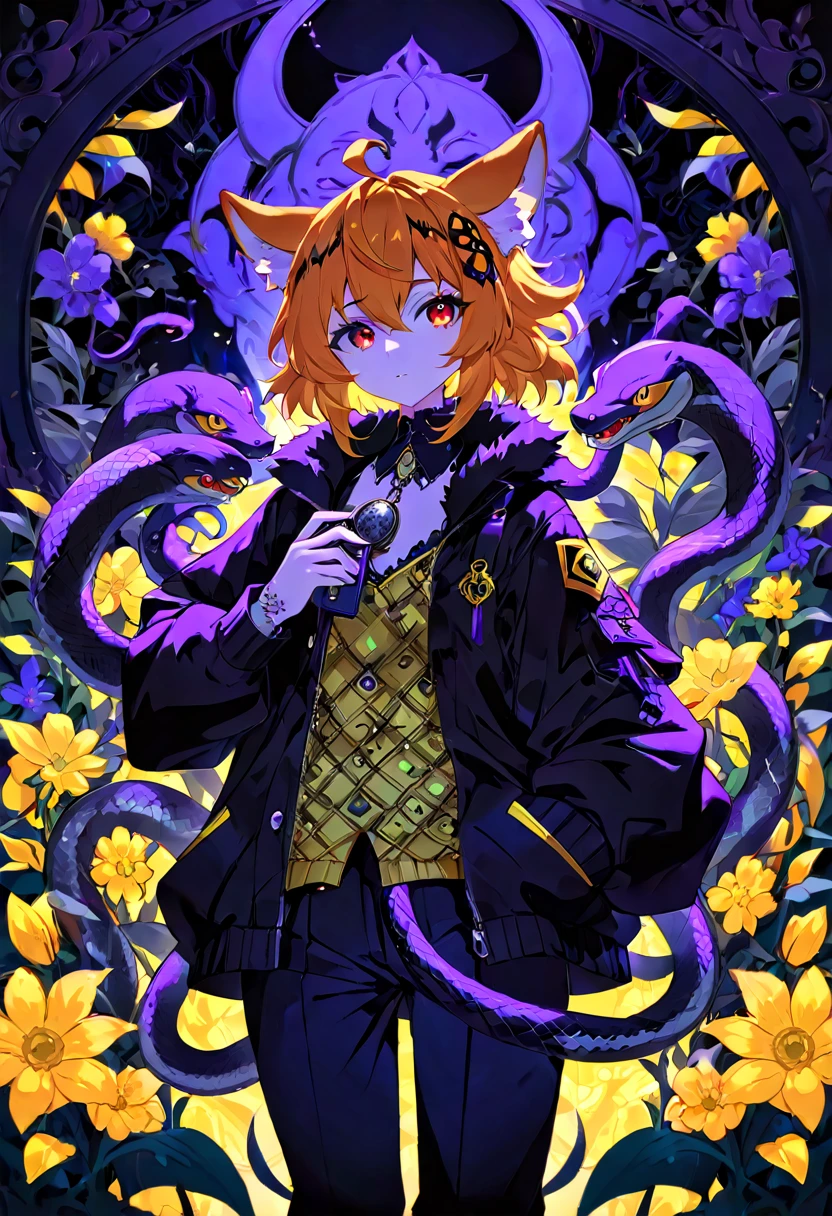 (best quality, high resolution, ultra-detailed)silhouett(kemono, furry anthro)holding striking pocket watch, surrounded by flowers, snakes and darkness, illustrative rendering, intricate details, mysterious atmosphere, vibrant colors, dynamic lighting , Gothic style,