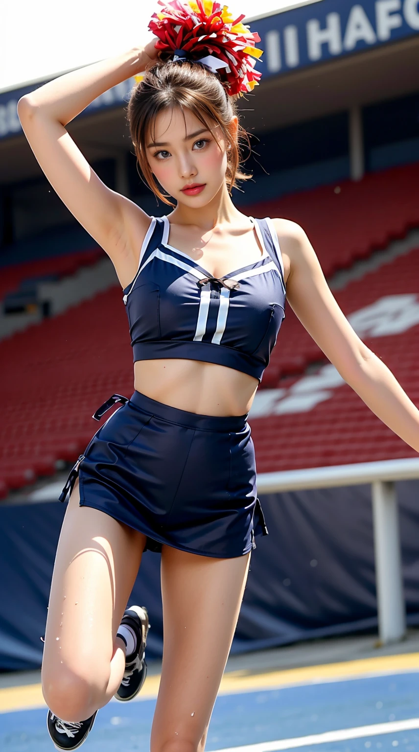 (best quality, masterpiece, ultra high res), 18yo, Japanese high school idol, cute, (perfect ???????:1.3), (detailed skin, light brown skin:1.2), (symmetry eyes), (poker face, parted lips), (detailed face:1.3), (skinny body:1.3), armpit, (full body:1.3), ((colorful cheerleader costume, wet sleeveless shirt, midriff))

BREAK
((looking for viewer:1.3)), (from below:1.1), (pleated miniskirt:1.3, side-tie micro panties, sneakers),
((Huge breasts, cleavage:1.2, crawny waist:1.3, scrawny legs, scrawny thigh)),

BREAK
((shiny brown hair, short hair:1.3, hair sidelocks)), shiny skin, OverallDetail, (high-kick:1.3, on American football stadium, daytime:1.3),