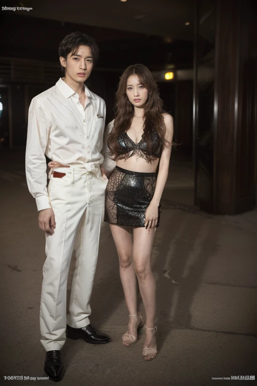 (original photography:1.3), (best quality), (Extremely detailed),(Tense atmosphere),(illustration), (1 boy and 1 girl standing together), Full body portrait, long shot, (Fashion、nightclub clothing), permanent,fashion model, Korean star,Looking at the audience, ( romantic), (Detailed background), Beautiful and delicate eyes, Absolutely beautiful, floating, (High Saturation), (Colorful splash), Perfect body