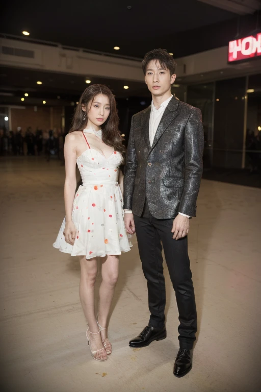 (original photography:1.3), (best quality), (Extremely detailed),(Tense atmosphere),(illustration), (1 boy and 1 girl standing together), Full body portrait, long shot, (Fashion、nightclub clothing), permanent,fashion model, Korean star,Looking at the audience, ( romantic), (Detailed background), Beautiful and delicate eyes, Absolutely beautiful, floating, (High Saturation), (Colorful splash), Perfect body