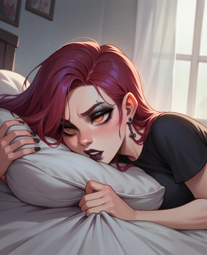 Famale,orange eyes,red hair,goth,chocking her girlfriend,female,blue eyes,purple hair,on the bed