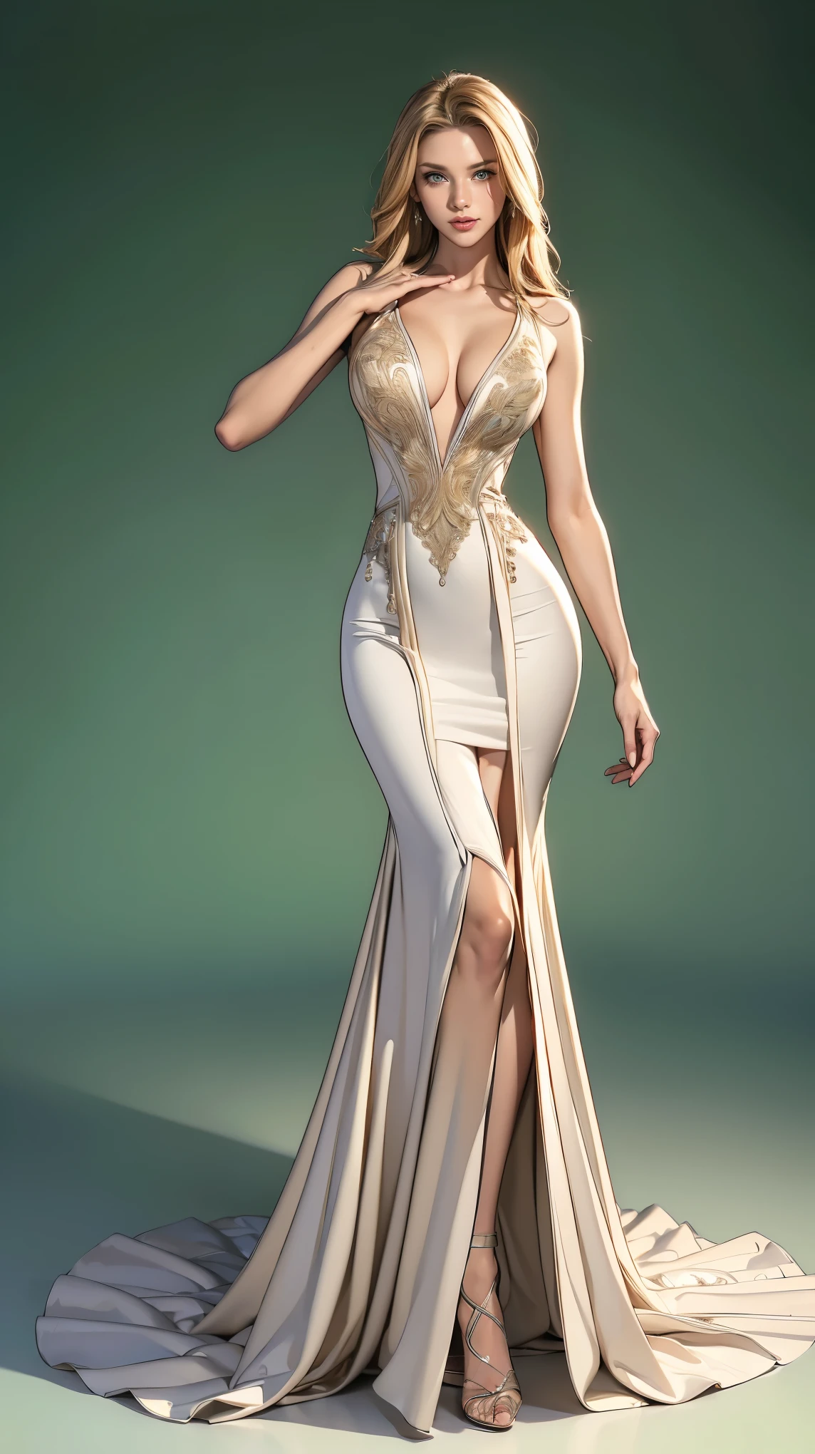 ((best quality,4k,highres,masterpiece:1.2)),((character concept art)), 1 female, Spanish, age 29, (((tan skin color, dark brunette hair))), and the body of a seductive flamenco dancer (busty, slim fit curvaceous body). She is ((wearing a sparkling silver flamenco-inspired dress with a fitted bodice, plunging neckline, cinched waist, and a voluminous skirt)). The dress is made from luxurious satin, embroidered with delicate lace, adorned with Swarovski crystals, and completed with a long, dramatic train. The back dips down to a low V, adding allure, and a high leg slit enhances the overall sensuality of the ensemble. She pairs the dress with Christian Louboutin high heels. Her gaze is intense and alluring, reflecting her captivating personality and intriguing background, (standing gracefully), (full body showcase), (show full body), (no logos on background), (no logo), ((plain background)), ((plain background)), (((empty background))).