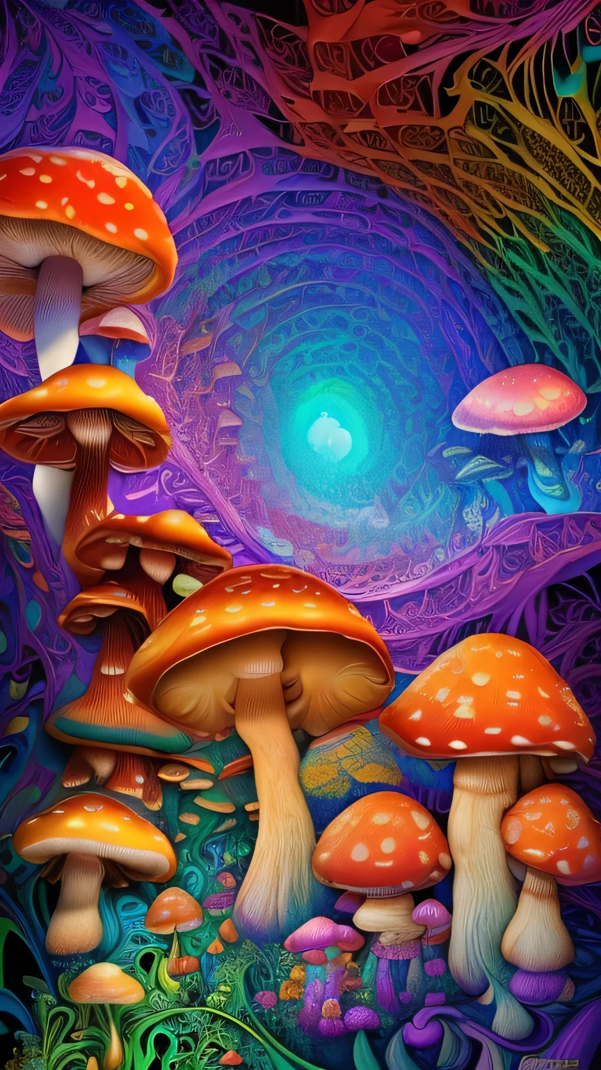 ((surrealism style)), (colorful magical mushrooms energy flowing through the air, repeating fractal patterns, trippy:1.5), (rickety wooden building:1.1), (by a vast water fall in the dense jungle:1.3),, ((best quality)), ((masterpiece)), ((ultra realistic)), beautiful intricately detailed soft oil painting,