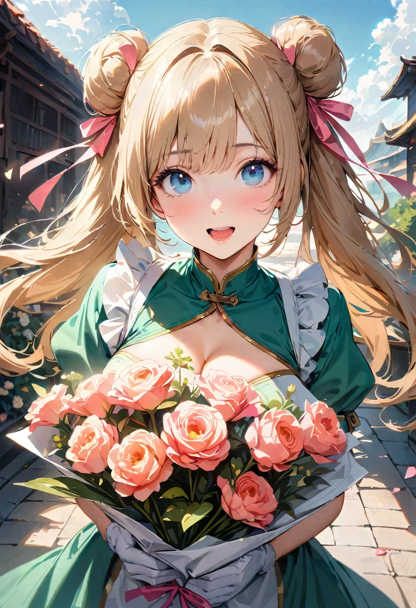 30 years old,1 mature woman,hyperrealistic, 8k, (extremely detailed 8k), (very delicate and beautiful), (masterpiece), (better quality:1.0), (ultra high resolution:1.0), (masterpiece, best quality), cute,blonde,cleavage cutout,(broen dress:1.3),gleaming skin,twintails,twin bun,a pink ribbon on the head,long hair,pastel green chinese maid dress,pastel green chinese dress,white long gloves,hold a bouquet of flowers,face and body straight at the camera,a bunch of flowers,POV,bust shot,white frill,puffy sleeves,laugh with open mouth,tareme,sky blue eyes,short truffle half apron,a gold buckle around someones neck,white corset,pink background