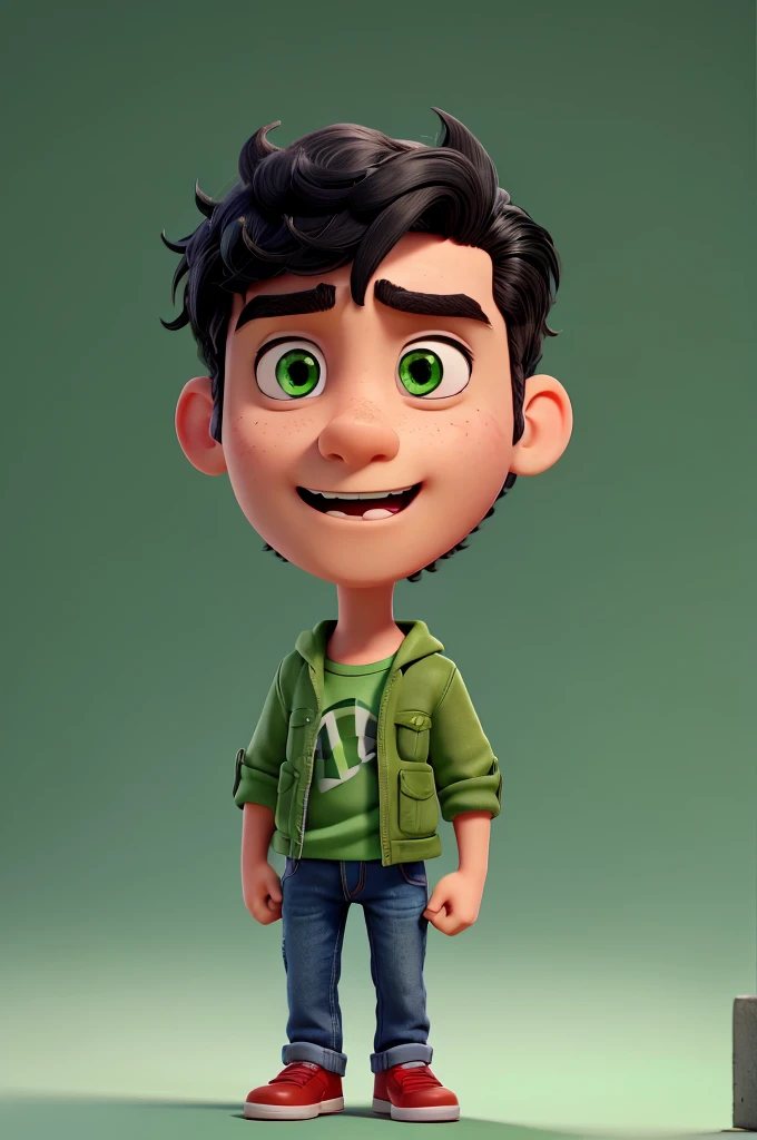 @Legion of I.a:Boy character from the film amusingly, disney pixar style,3d,with black hair, green eyes, Red cap, jeans, face with angry expression, Light green skin, white background 8k quality
