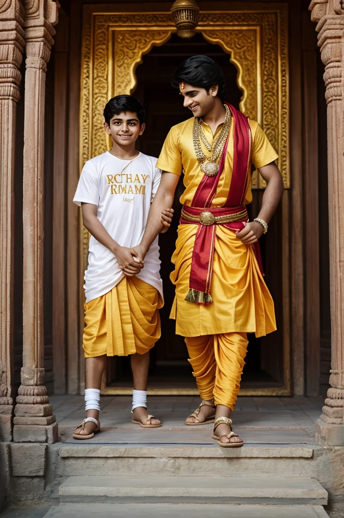 Imagine a picture where young Lord Rama, looking majestic with his bow, is holding hands with a teenage boy named Rohit. boy wearing a saffron-colored T-shirt with her name "Rukesh boldly written in white letters, is smiling at Lord Rama, the background is of interior of a beautiful temple with "HAPPY RAM NAVAMI" is written in big letters, adding to the festive atmosphere, text should be correct and visible.