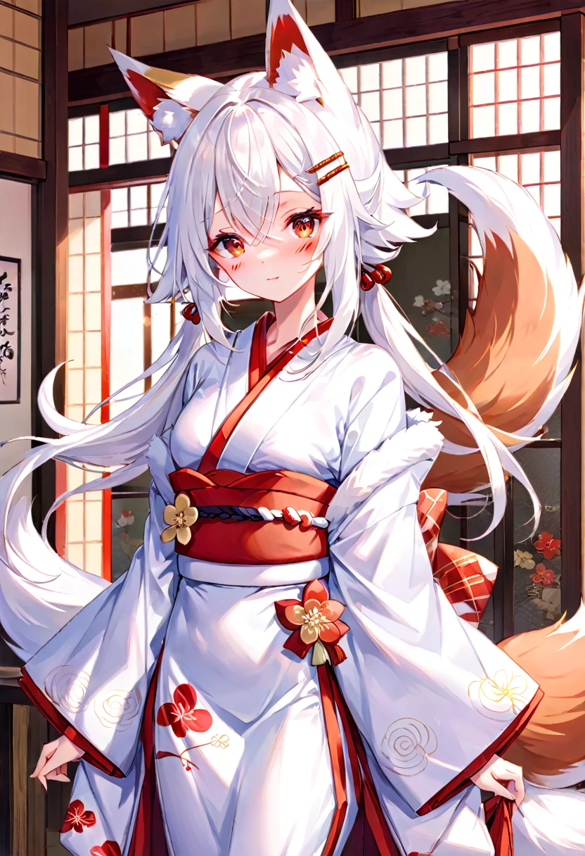 solo, Female, fox, kitsune, white fur, red face markings, white body, white hair, long hair, red and orange eyes, long lashes, attractive face, multiple tails, red tips on tails, lithe body, average body, lean body, white kimono, red and gold elements to kimono, Kanzashi in hair, traditional Japanese home, looking at viewer, by by kishibe, by mofumofumachine, by nonoka_furry, by Tubasa, by ACHAKOORA.