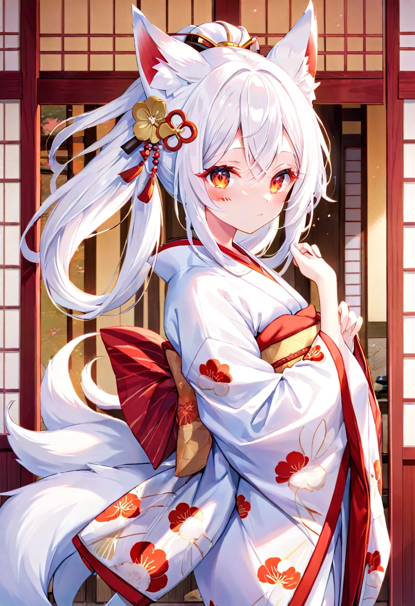solo, Female, fox, kitsune, white fur, red face markings, white body, white hair, long hair, red and orange eyes, long lashes, attractive face, multiple tails, red tips on tails, lithe body, average body, lean body, white kimono, red and gold elements to kimono, Kanzashi in hair, traditional Japanese home, looking at viewer, by by kishibe, by mofumofumachine, by nonoka_furry, by Tubasa, by ACHAKOORA.