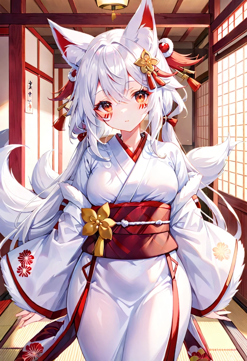 solo, Female, fox, kitsune, white fur, red face markings, white body, white hair, long hair, red and orange eyes, long lashes, attractive face, multiple tails, red tips on tails, lithe body, average body, lean body, white kimono, red and gold elements to kimono, Kanzashi in hair, traditional Japanese home, looking at viewer, by by kishibe, by mofumofumachine, by nonoka_furry, by Tubasa, by ACHAKOORA.