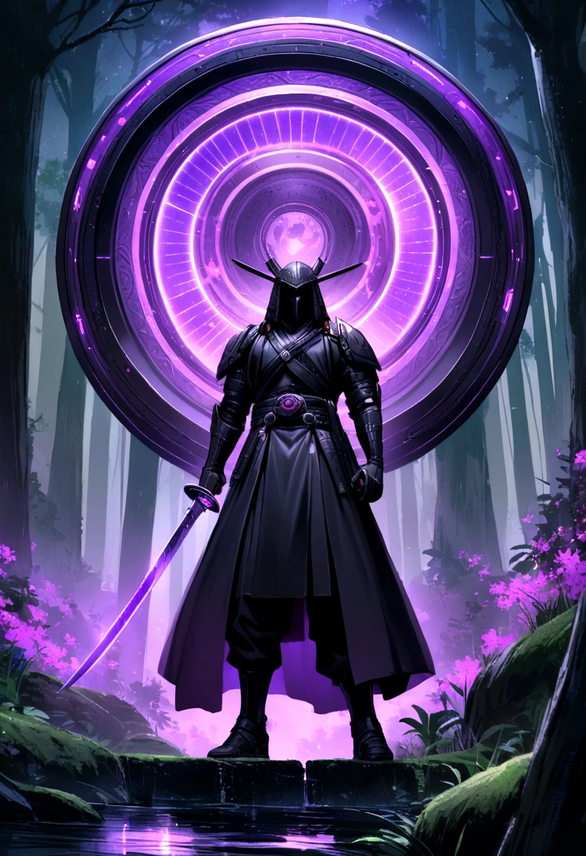 A black samurai with a purple katana standing in front of a sci fi time travel portal in the forest