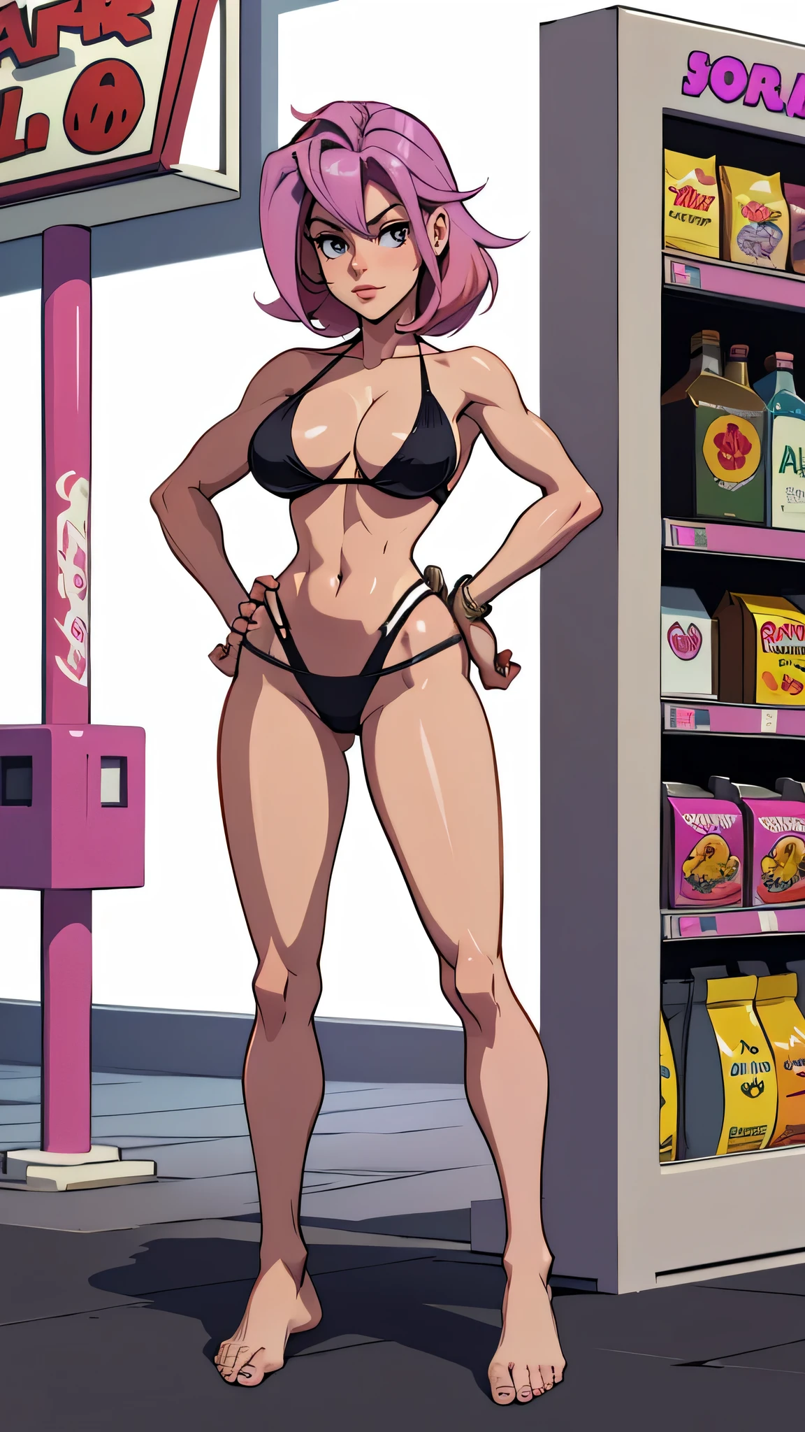 Masterpiece, best quality, Masterpiece, best quality, 1 woman , pink hair , purple eyes , sly face , black bikini , big breasts , abdomen , Long legs , Put your hands on your hips..... , Barefoot , full body , convenience store ,