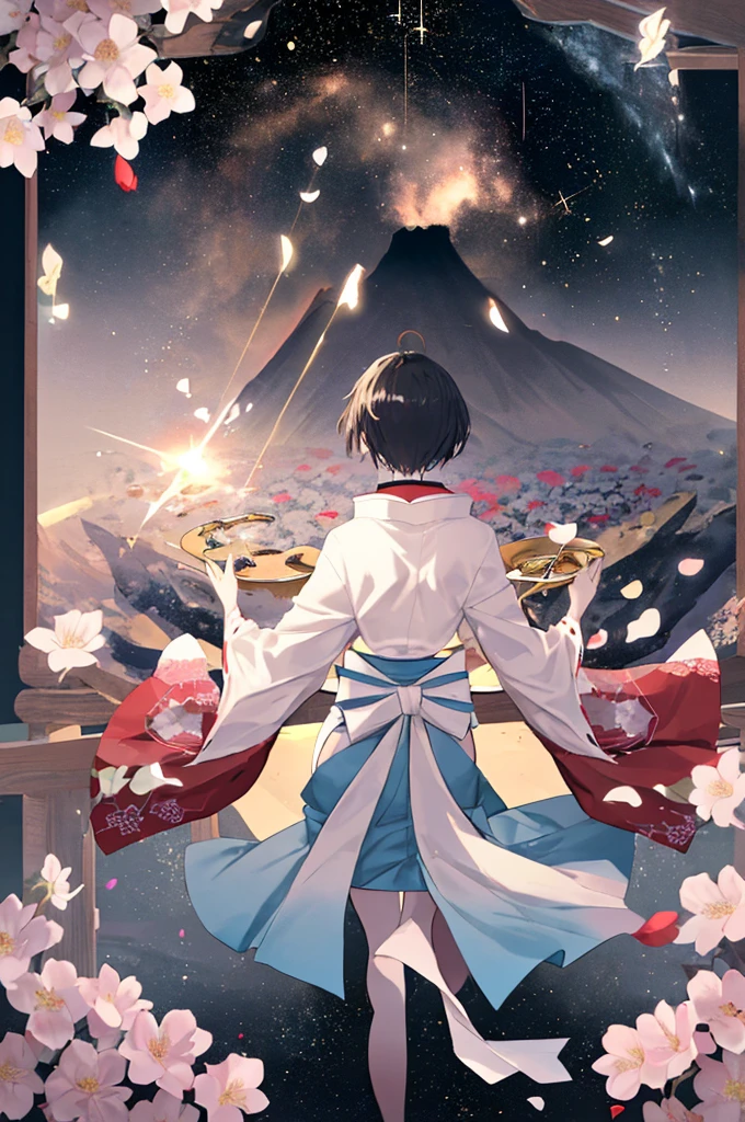 Ultra-delicate, Clear focus, (high resolution), Deformed depth of field blurred background, Detailed background, Perfect layer cutting, Atmospheric distance sense, artistic, (full-body shot/Cowboy shooting/Rear view/Top view/Top view), 8K, wallpaper, Micro light, complicated, familiar, black magician, particle, constellation, Stardust, universe, ((flower)), comfortable peace, peaceful, Japan, Himiko, kimono, With crystal, Fortune Telling, time and space,