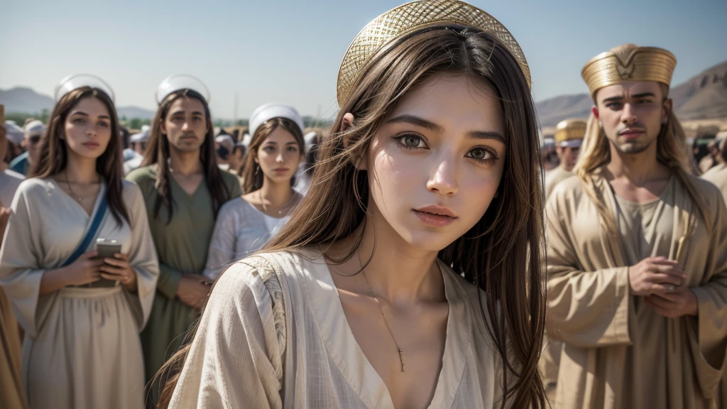 Create an ultra-realistic image of many people and angels in Israel, wearing tunic-style clothing, no hats, and depict the features of men and women from that time in ancient Babylon.