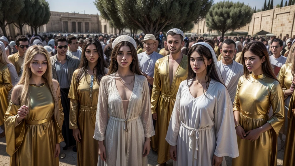 Create an ultra-realistic image of many people and angels in Israel, wearing tunic-style clothing, no hats, and depict the features of men and women from that time in ancient Babylon.