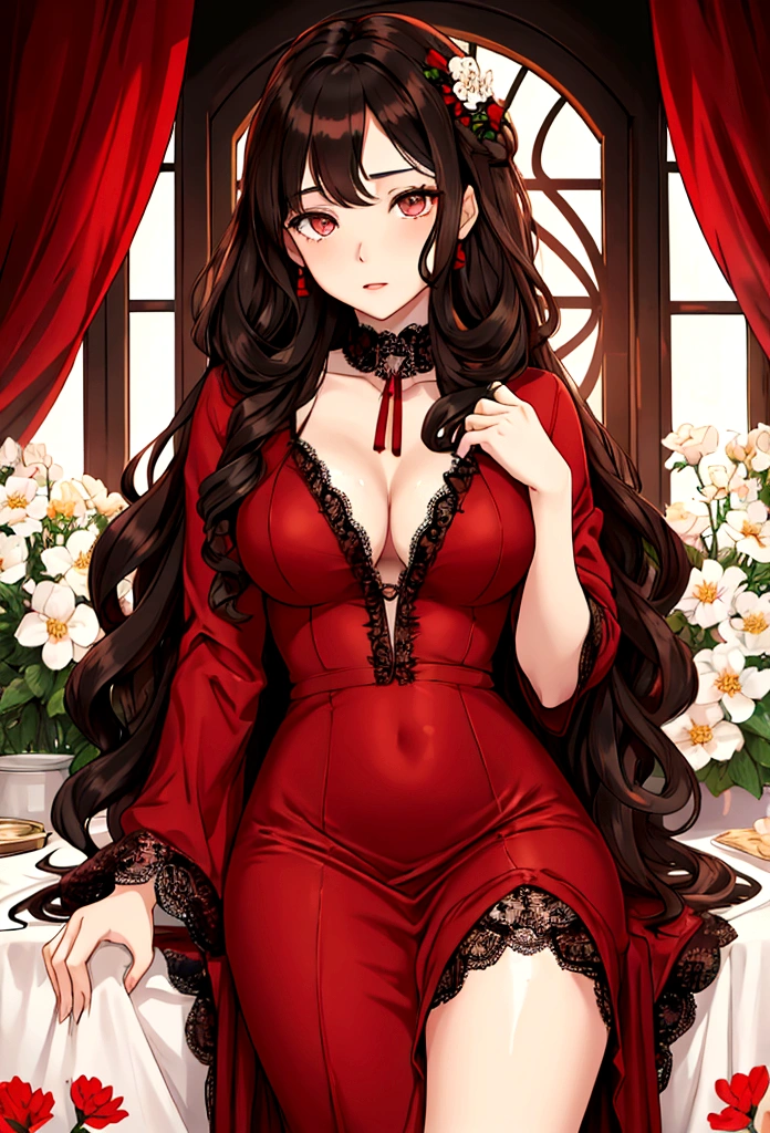 girl, YOUNG, Women, long curly black hair, long hair, curly hair, Brown eyes, hazel eyes, pale skin, clothes red dress, White flowers, light brown eyes, chocolate eyes, sexy, sensual, lace