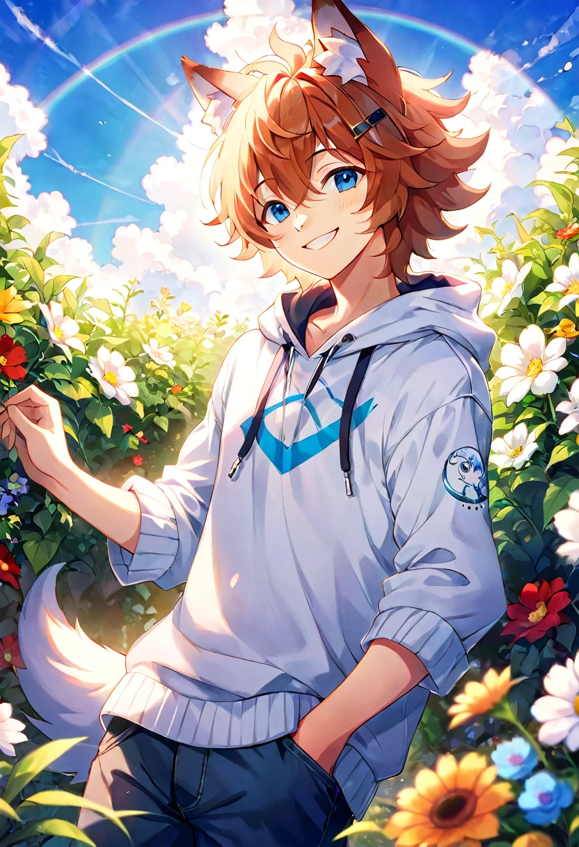 top quality, highres, High-quality illustrations, unparalleled masterpiece(movie of life)farm, Blue sky, clouds, florals Beautiful garden(furry anthro, solo, boy, casual fashion, Relux pose, Smile)absurdres, perfect anatomy, caustics, cinematic lighting, lens flare, deep shadow, dynamic angle,