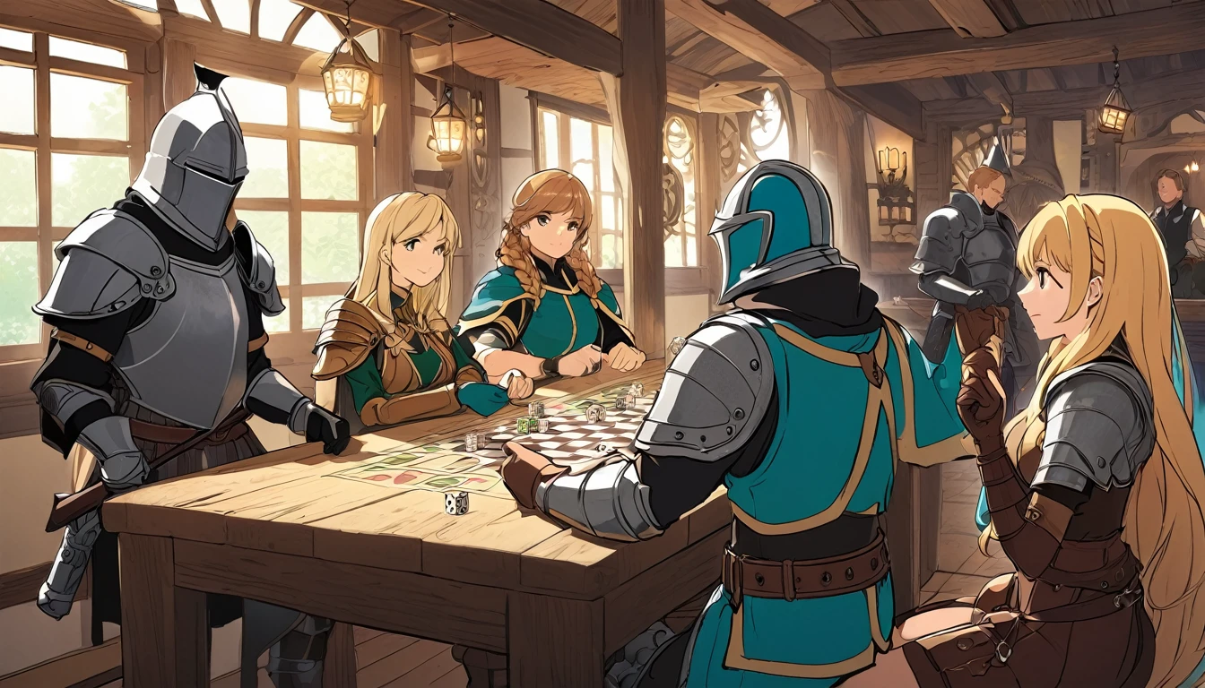 1 girl, hair long blonde, photo of a PaladinLARP, a woman with long braided blonde hair surrounded by men, Tavern, playing dice game, dressed in a teal gambeson knight costume steel cuirass pauldrons thigh armor leg guards brown leather boots brown wool cape black pans brown leather belt , outside lighting, work of art, best qualityer, anime animation, Dreamyvibes Artstyle Comic