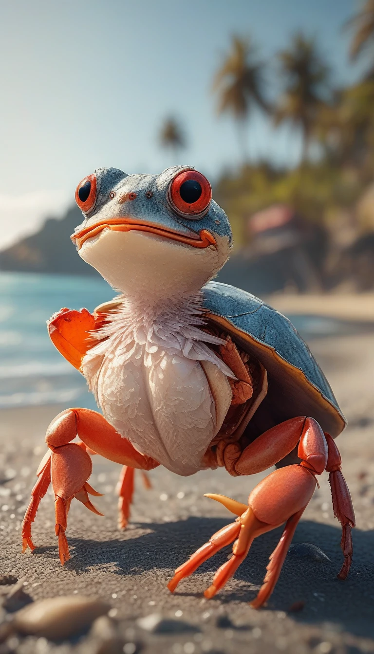 Great image quality, masterpiece, best image quality, super detailed, ultra detailed, UHD, HDR, DOF, depth of field, fictional very cute creature living on a beach near the mouth of an estuary that is a cross between a chick and a crab, has the fluffy body of a chick and the tiny scissors of a crab and walks around a bit, entire body