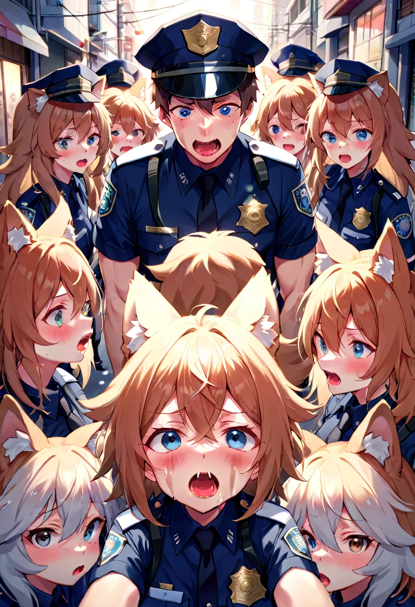 top quality, best quality, highres, masterpiece, super high resolution, detailed background, street, gasping for air(super handsome boys, dog)police officer, swat, police uniform, 6+boys, 6+girls, absurdres(highly detailed beautiful face and eyes)perfect anatomy, good lighting, volumetric lighting, cinematic shadow(kemono, furry anthro),