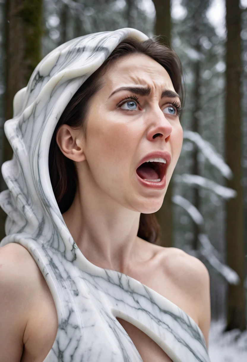 (beautiful screaming nude woman), (eyes open), (terrified expression), (((frightened expression))), (((startled expression))), (((crying))), (((shouting))), (marble face), (face made of marble), (face turning into marble), (head made of marble), (ASFR), (turning into marble), (becoming marble), (winter forest background), (defensive posture), ((((half made of marble, half made of flesh)))), side profile