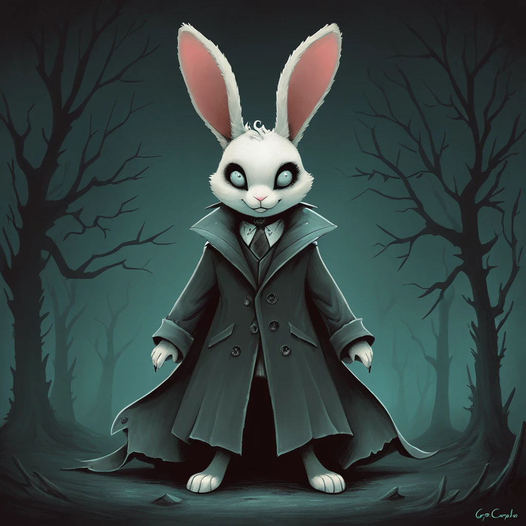 creepy Rabbit in a coat in greg craola simkins art style