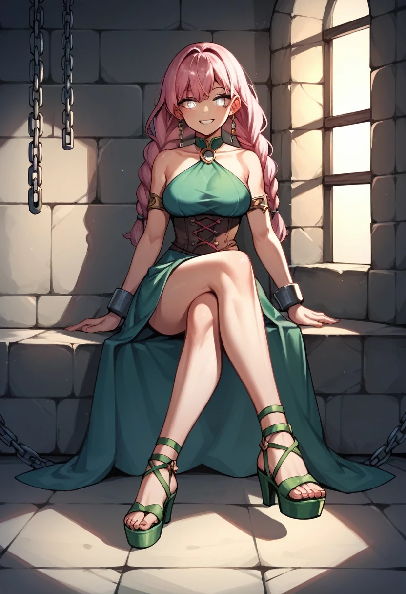 score_9, score_8_up, score_7_up, score_6_up, score_5_up, score_4_up, source_anime, 1 sexy woman, smile , pink hair, braids, white eyes, w-w-chain,long chains , spraed arms, crossed legs, loose hair , hoody , green high heels,sandals, ,night, dungeon, best quality, best res, 4K UHD,