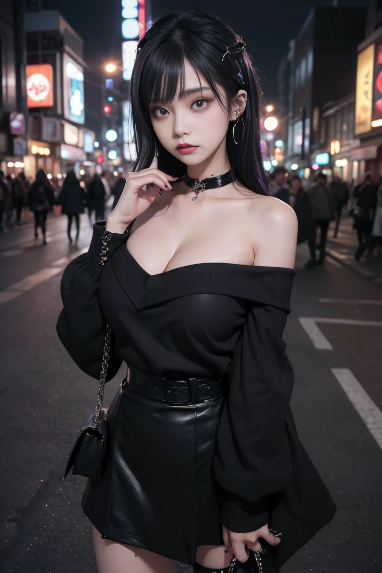 4k-ultra sharp、highest quality, masterpiece, ultra high resolution, (reality: 1.4), 16 year old girl, purple eyes, Off-the-shoulder sweater dresses, cinematic lighting、purple and black hair、(mine girl、goth makeup、mine makeup)、(Pierced ears、big breasts、Oversized black T-shirt with open shoulders、dark mini skirt)、((dark makeup、oil skin,sparkling skin、realistic skin texture、detailed beautiful skin、shiny skin)), Dark downtown at night、night、blue film photography、Kabukicho、Dark Cyberpunk、(full shot:1.8)、thin legs、thin arms、thin shoulders、thin waist、slender body、big breasts、whole body、Height 161cm、Weight 48Kg、F cup three sizes:B90/W56/H87 A big-breasted with experience of over 50 people
